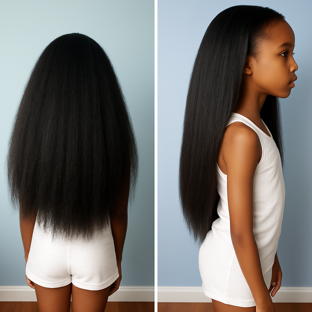 Side-by-side comparison of a girl with long black hair.