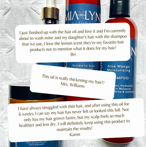 Natural hair care products with customer reviews on a textured white background