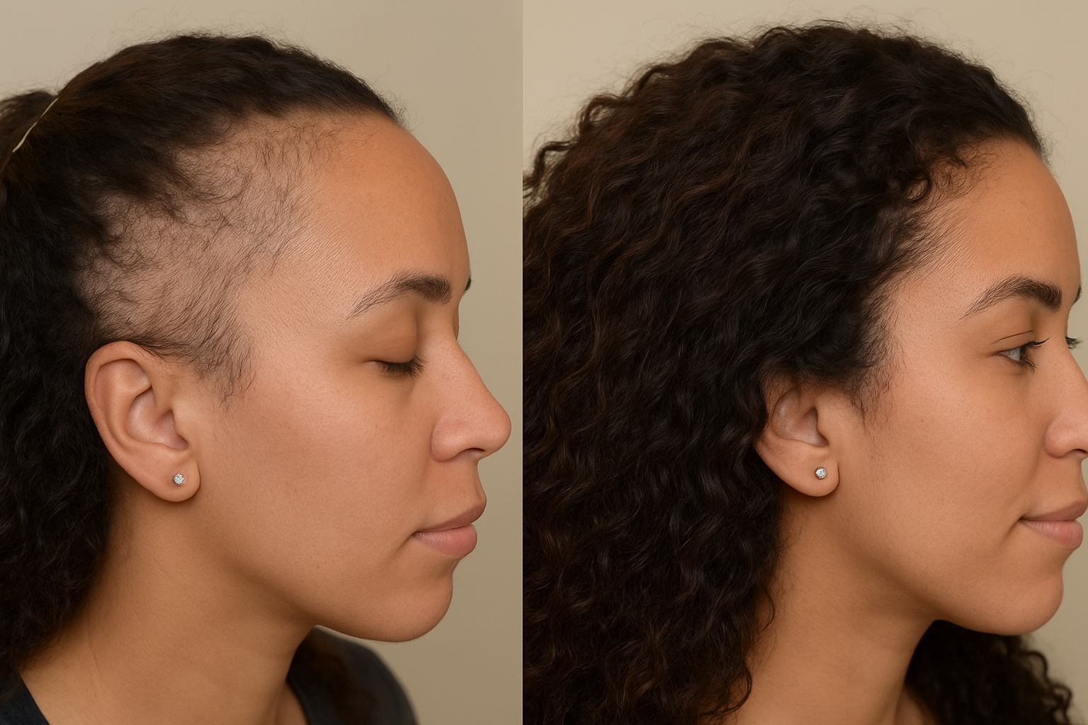 Side-by-side comparison of a woman with hair loss on one side and full hair on the other.