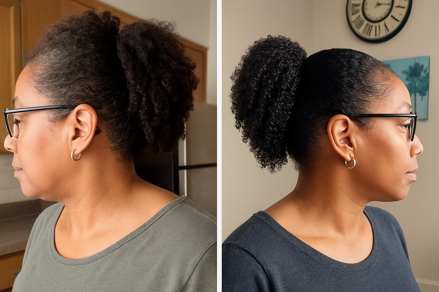 Side-by-side comparison of a woman's profile before and after.