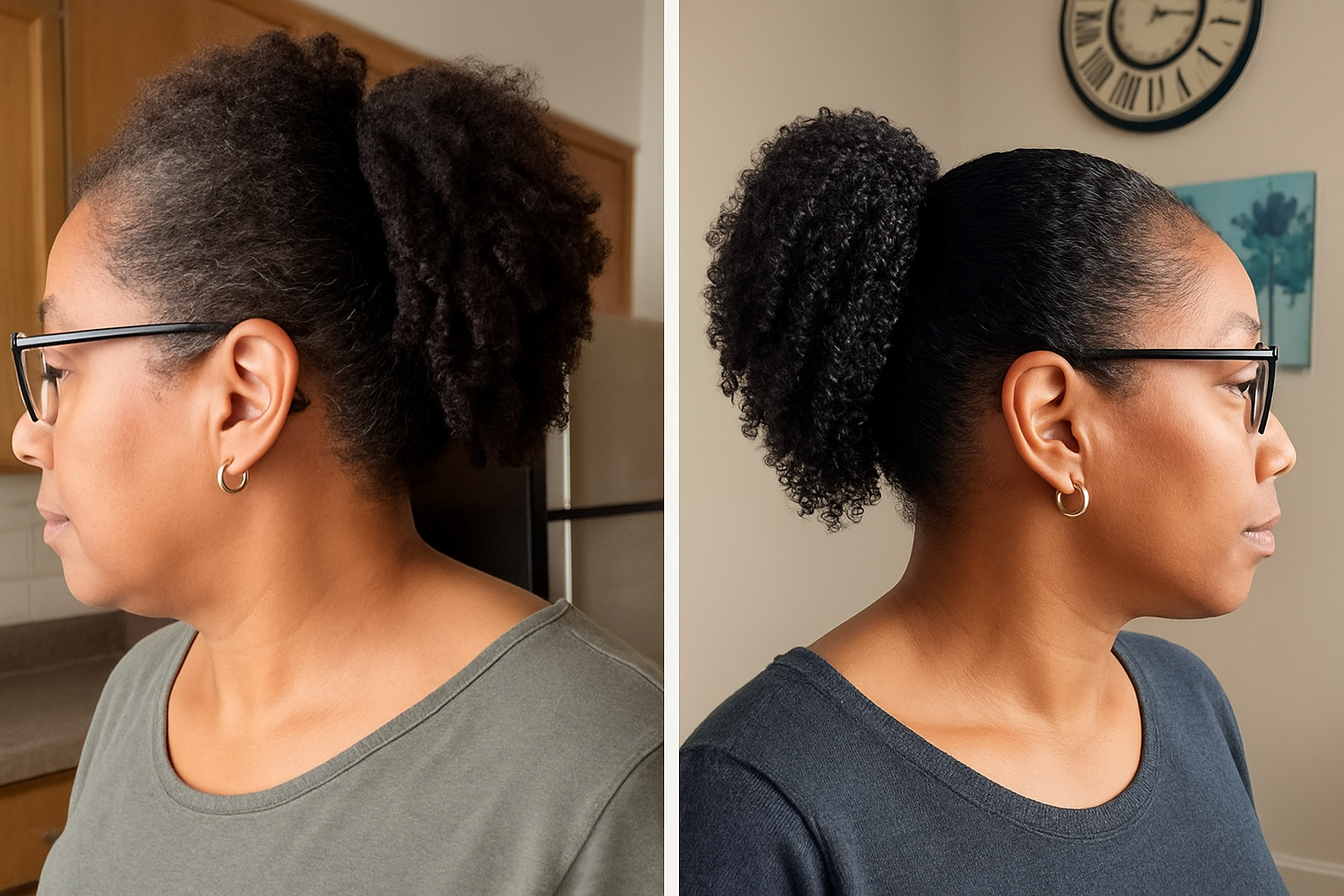 Side-by-side comparison of a woman's profile before and after.